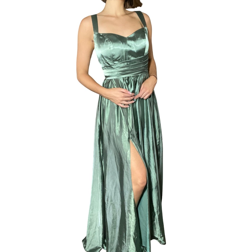 NWT Formal Sage Satin Maxi Dress Corset Back Sweetheart Side Slit Bridesmaid - 8